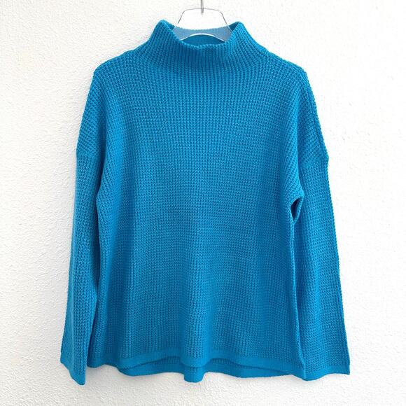 J Jill Textured Funnel Neck Sweater in Pacific Medium Waffle Knit Coastal Modest - Picture 2 of 8